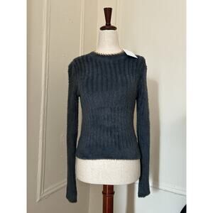 Dear John Women Charcoal‎ Grey Fuzzy Ribbed Sweater Gold Chain Neck Detail NWT
